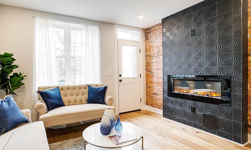 Electric fireplace with black decorative tile surround