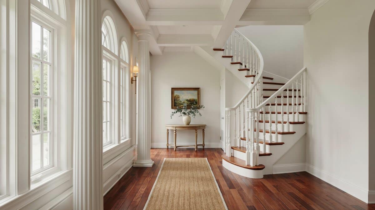Foyer with curved staircase, arched windows, jute runner and round console table