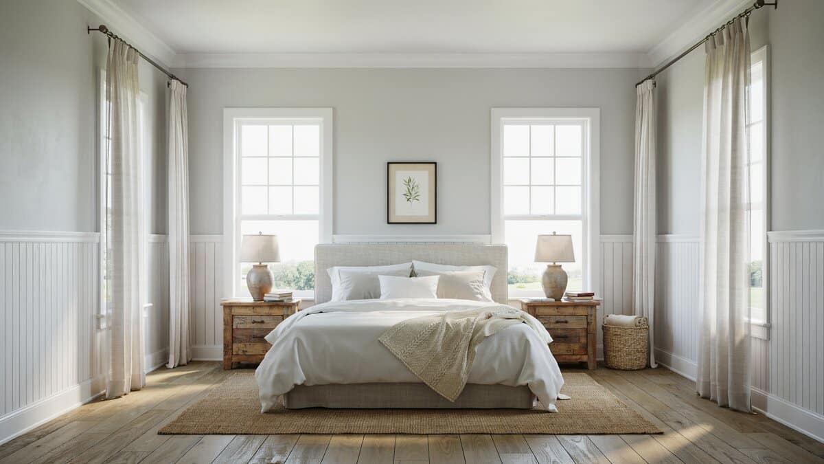 Farmhouse master bedroom with king bed white beadboard wainscoting and light gray walls