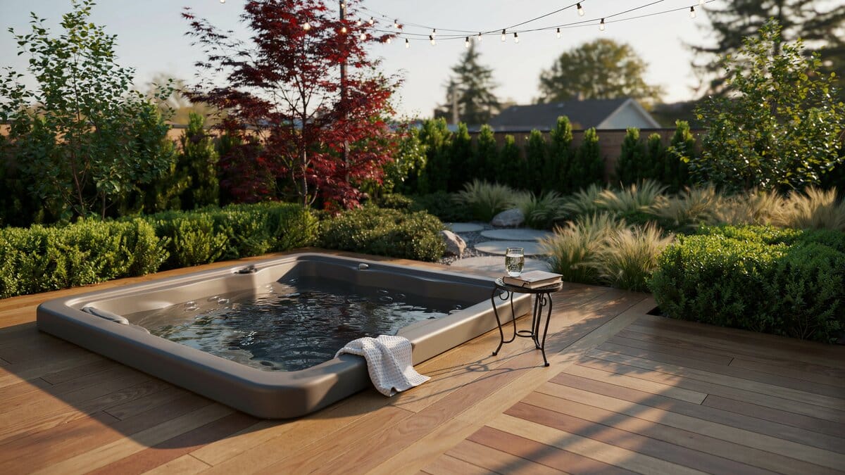 Jacuzzi hot tub set into a warm wood deck with garden landscaping
