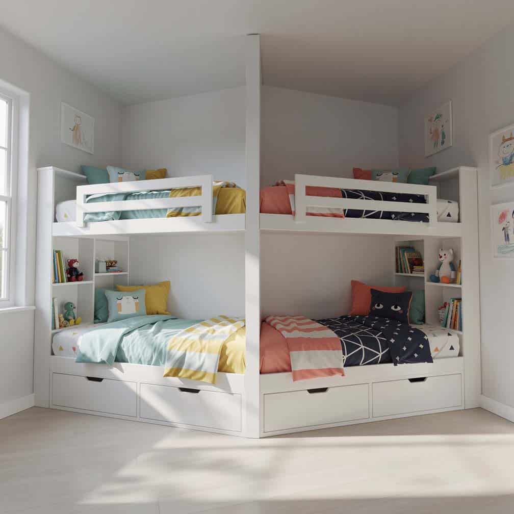 Custom built-in bunk beds separated by a drywall privacy partition with drawer storage below each bunk