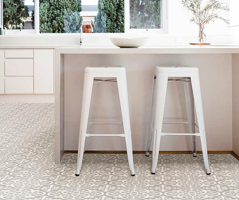 Kitchen with adhesive floor tiles