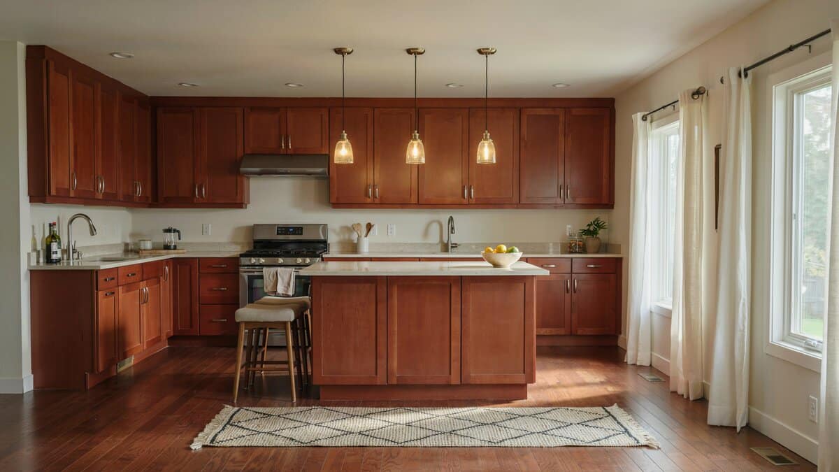 Kitchen with cherry raised panel cabinets, island seating and three glass pendants
