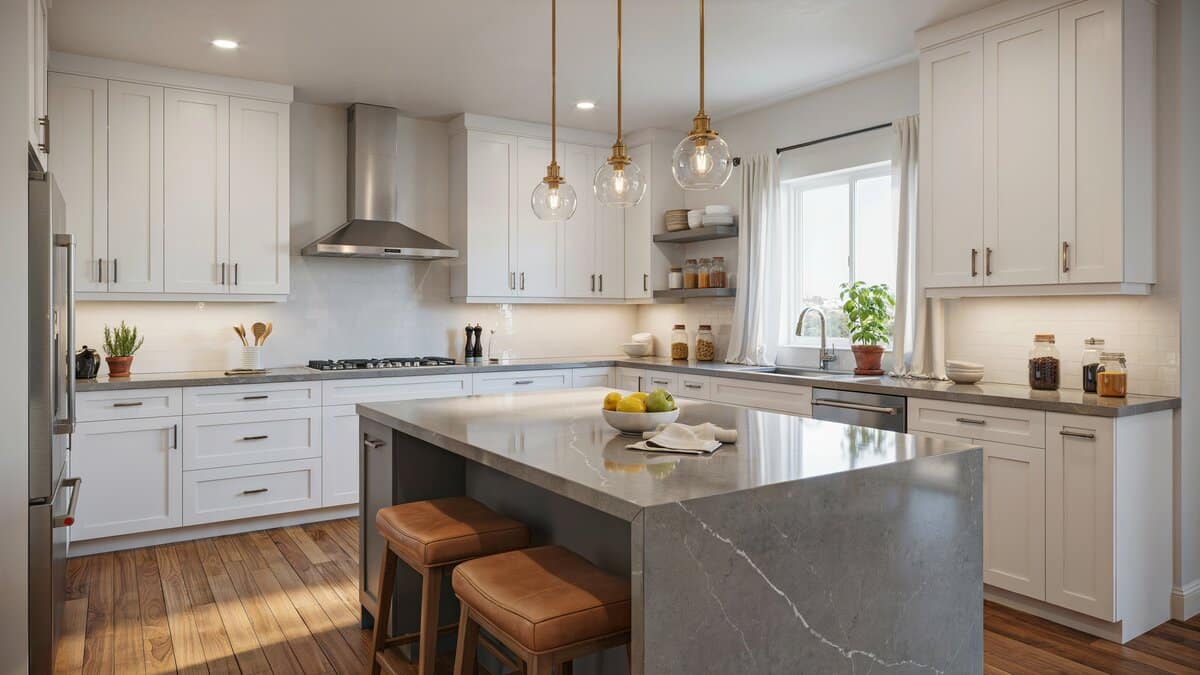 Bright kitchen featuring a gray quartz island, brass pendants, and warm oak hardwood floors