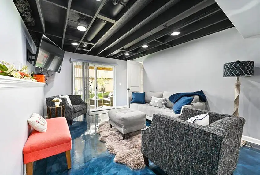 Living room with blue marble epoxy resin floor