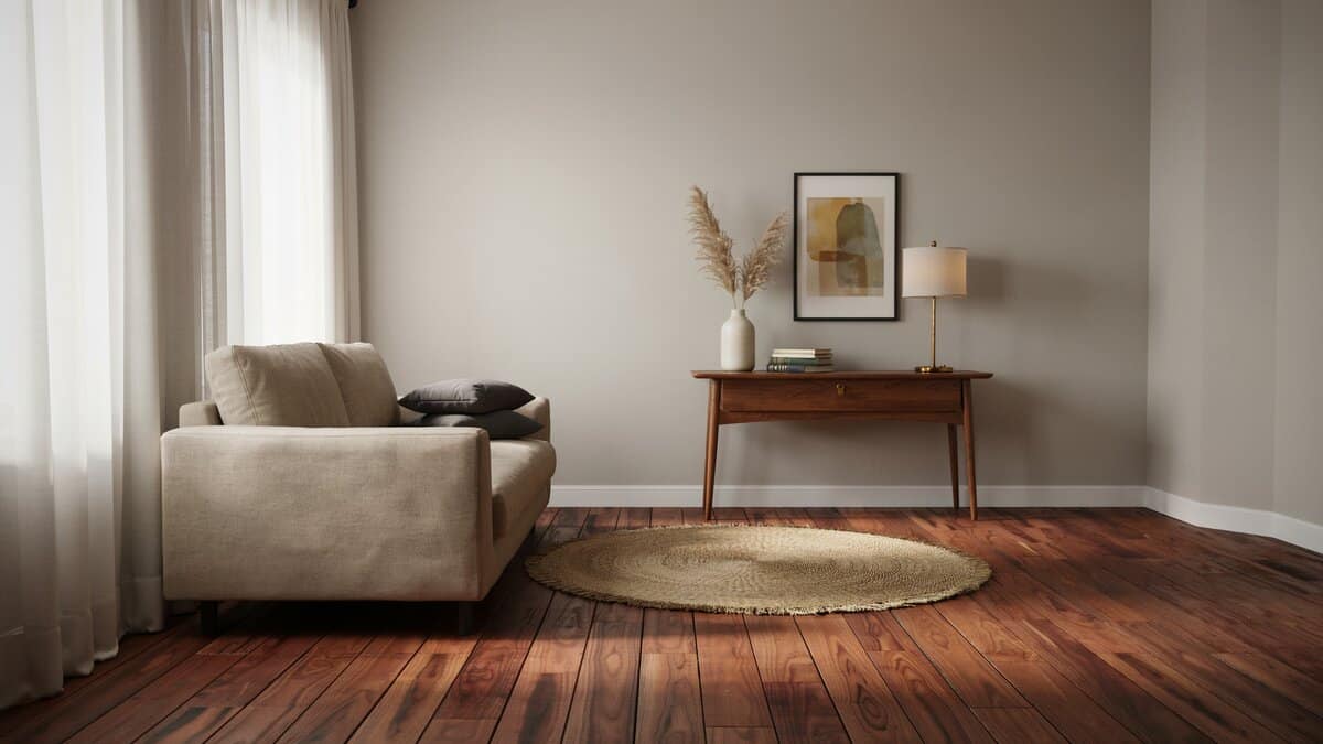 Gray walled living room with walnut console table, round jute rug and armchair