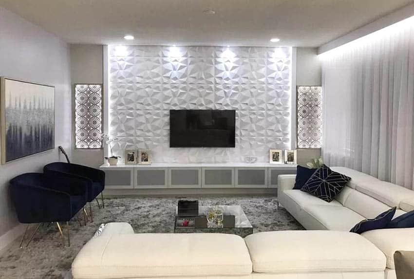 Living room with modern white textured accent wall