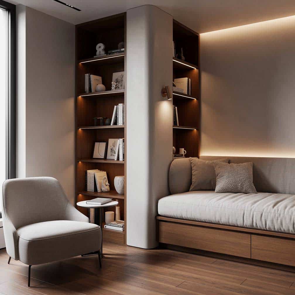 Master bedroom with a built-in daybed tucked into a corner beside a structural column and flanking bookshelves