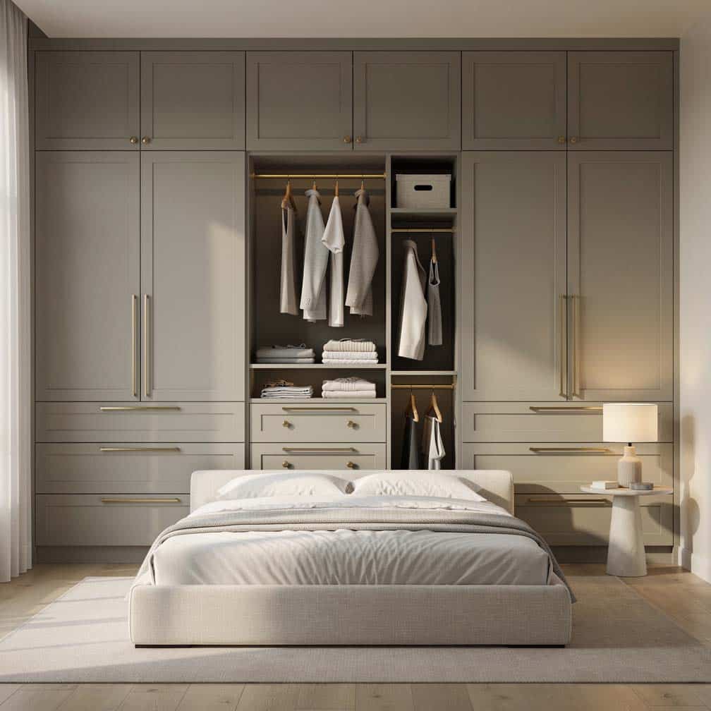 Full-wall built-in wardrobe with upper cabinets and lower drawers in a soft greige finish