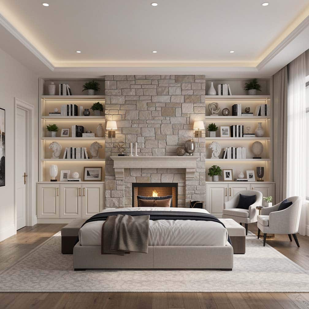 Master bedroom with a fireplace flanked by tall built-in shelves and white cabinets