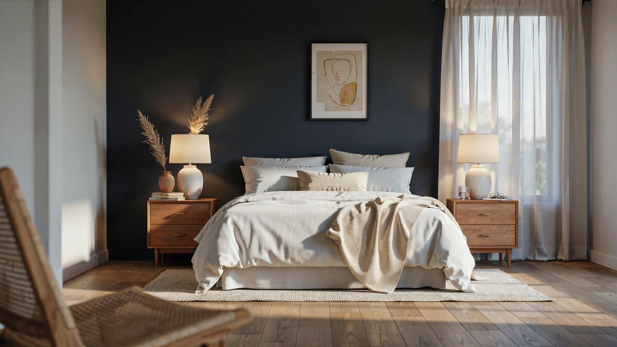Master bedroom with king bed dark navy accent wall and walnut nightstands