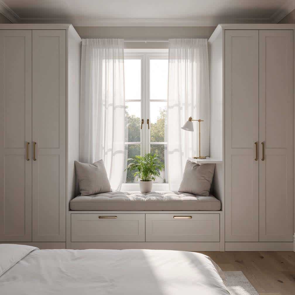 Master bedroom window seat reading nook with floor-to-ceiling built-in cabinets on each side