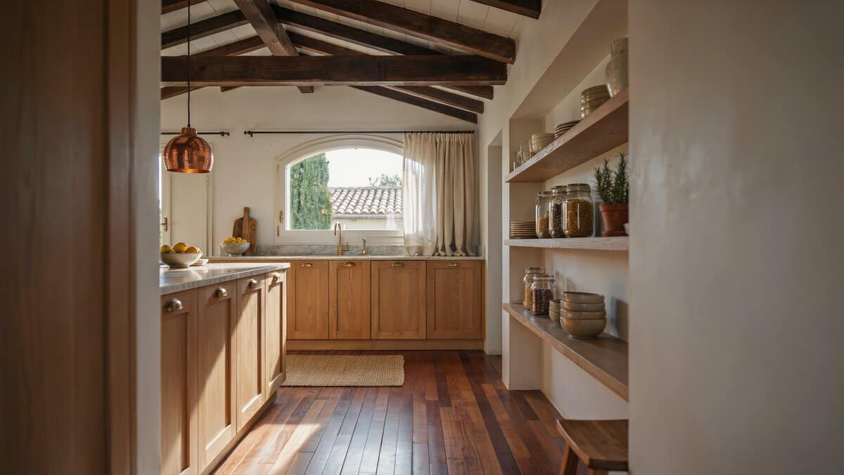 Mediterranean kitchen with beamed vaulted ceiling, arched window and open wood shelving
