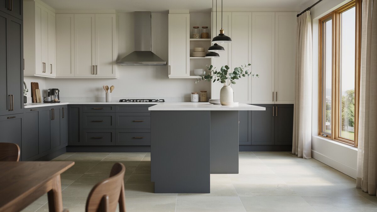 Two tone white and charcoal kitchen cabinets with porcelain tile flooring and black pendants