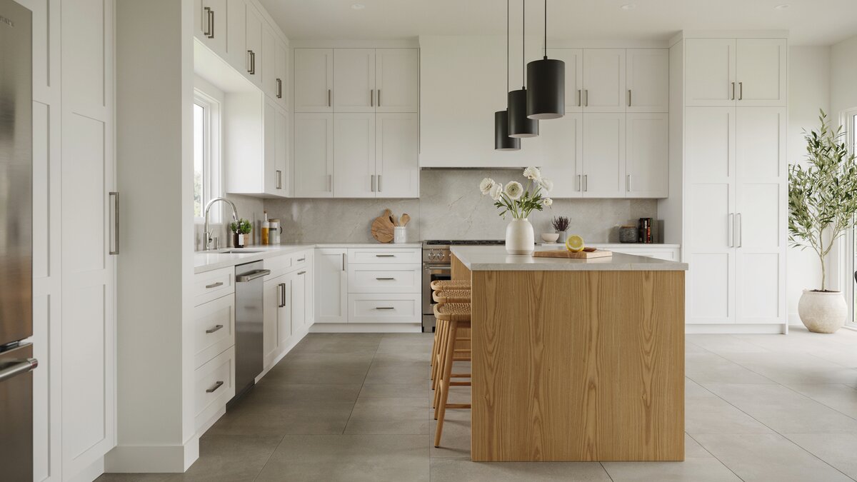 Modern kitchen with large tile flooring and a light oak waterfall island