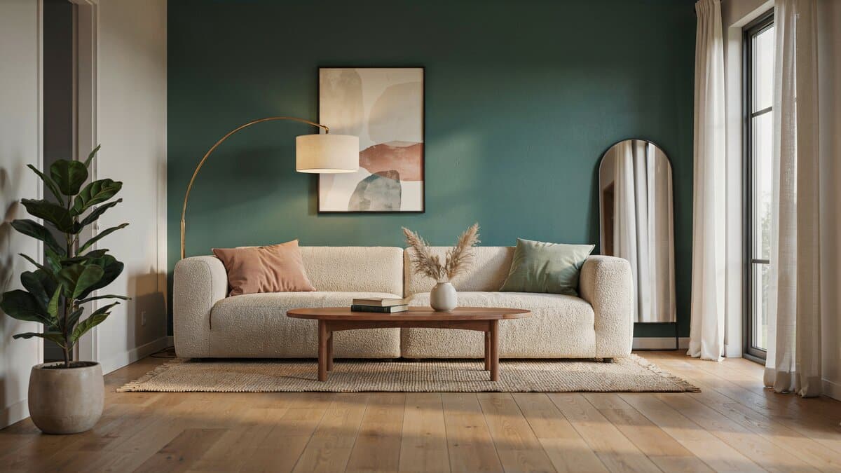 Modern living room with deep green accent wall behind a cream sofa