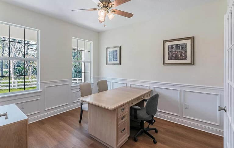 North Facing Home Office With Sherwin Williams Summer White Paint And Wainscoting 768x487 
