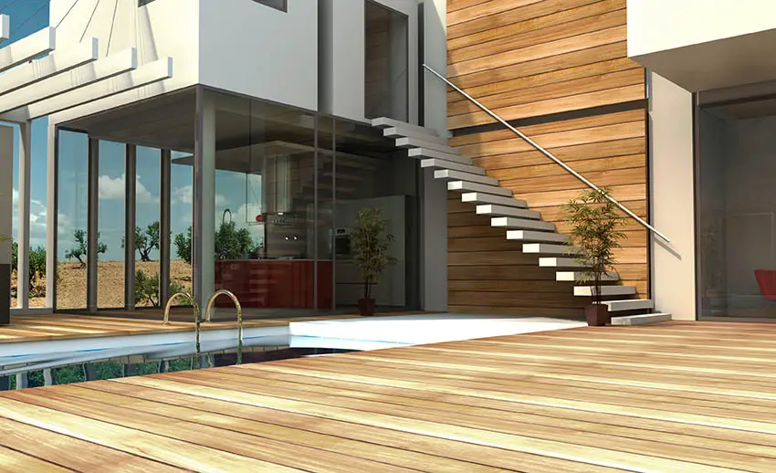 Outdoor stairs with concrete treads, pool and deck