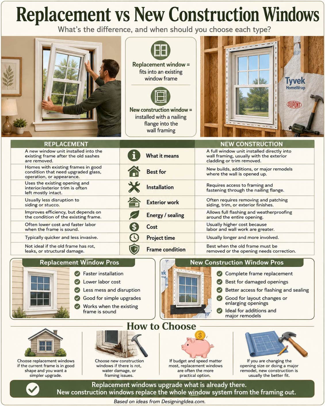 Replacement vs new construction windows infographic