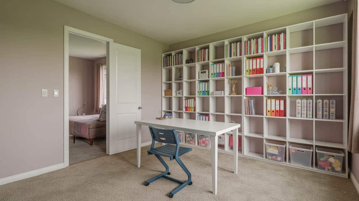 Room with a large wall of shelving with cubbies
