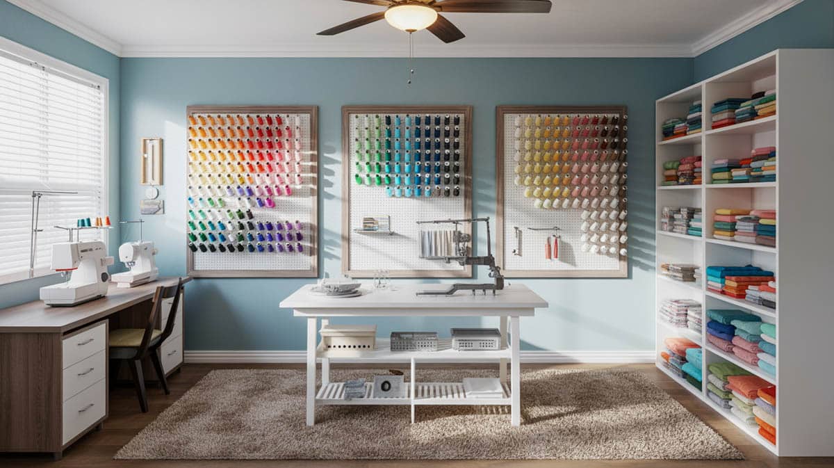 Multi-color sewing room with machines and desk