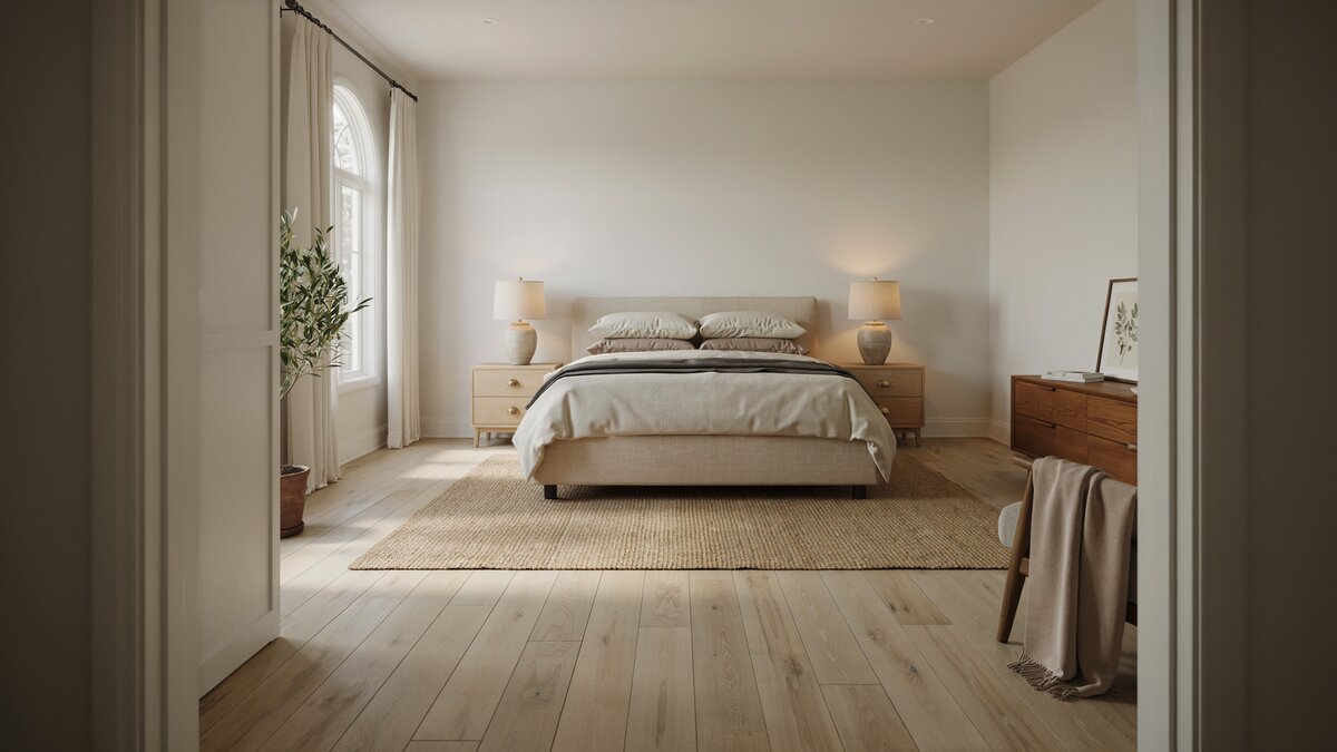 Spacious master bedroom with California king bed jute rug and tall arched window