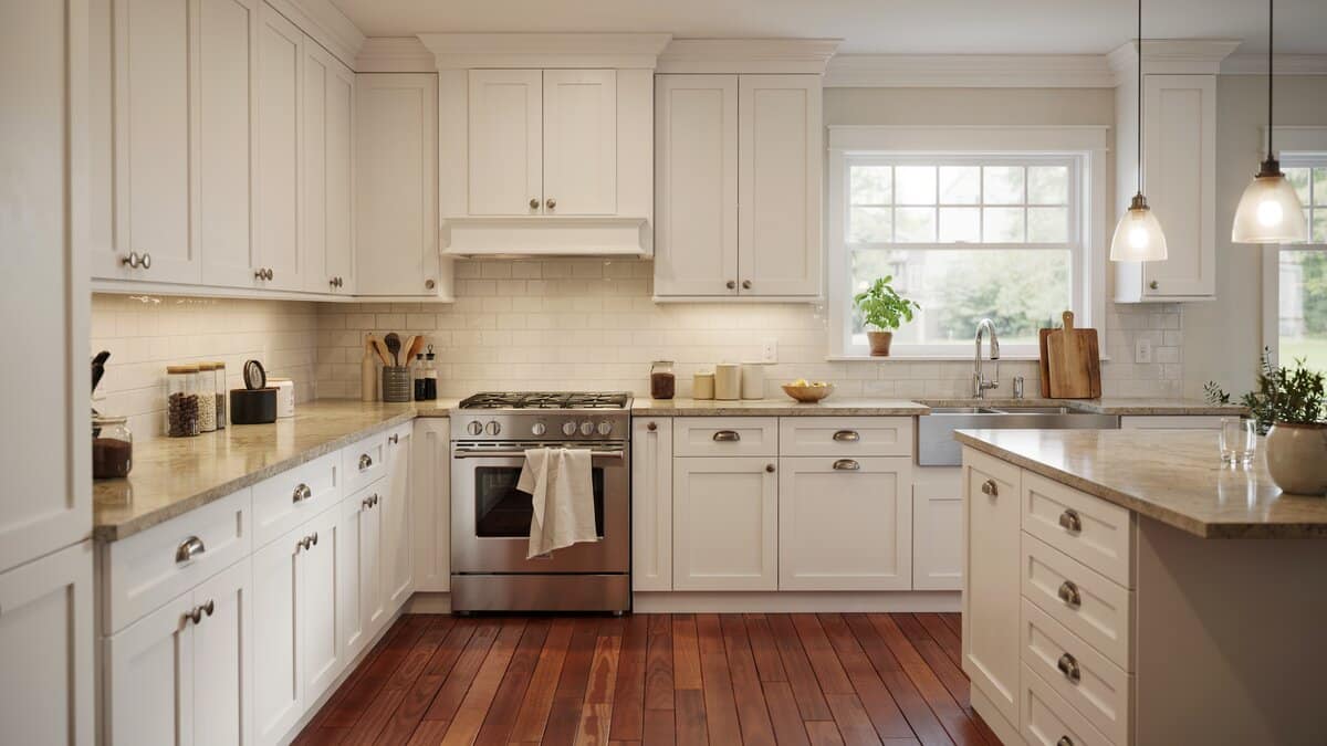 Cream kitchen with beige granite counters, stainless range and warm cherry floor