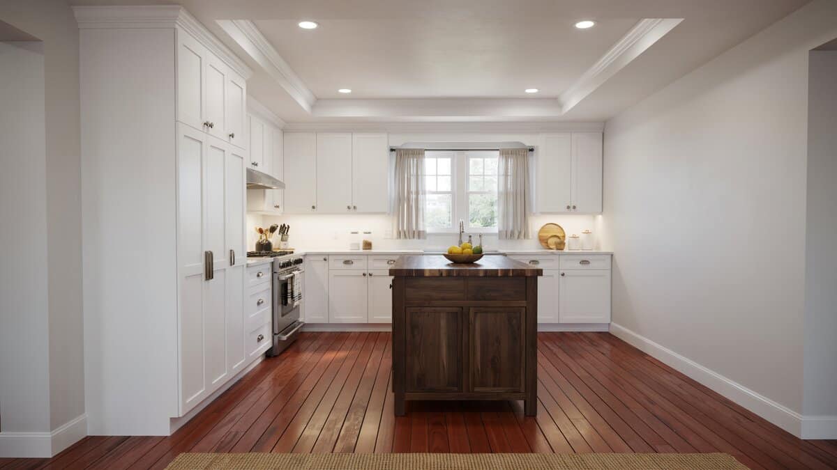 Traditional kitchen with tray ceiling, white cabinets and dark walnut butcher block island