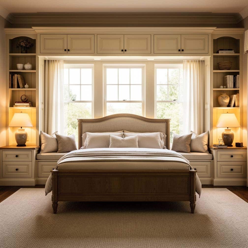 Traditional master bedroom with cream painted built-in window seats and storage drawers beneath each window
