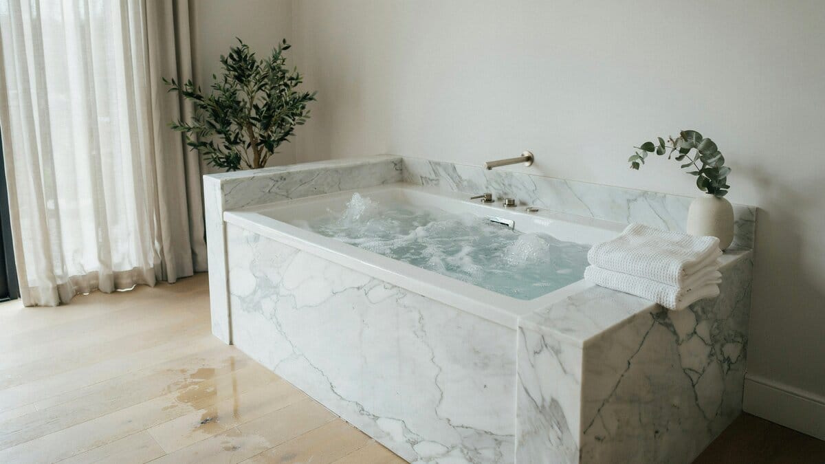 Marble whirlpool bath with jets running in a contemporary bathroom