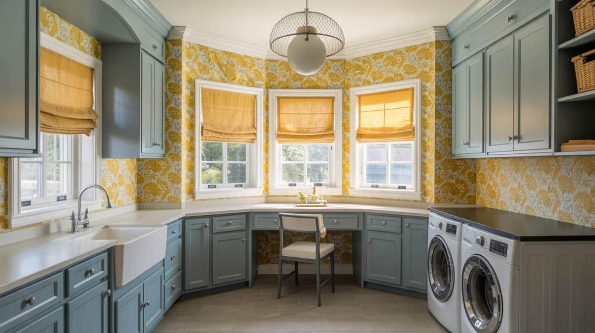 Laundry room with green built-ins