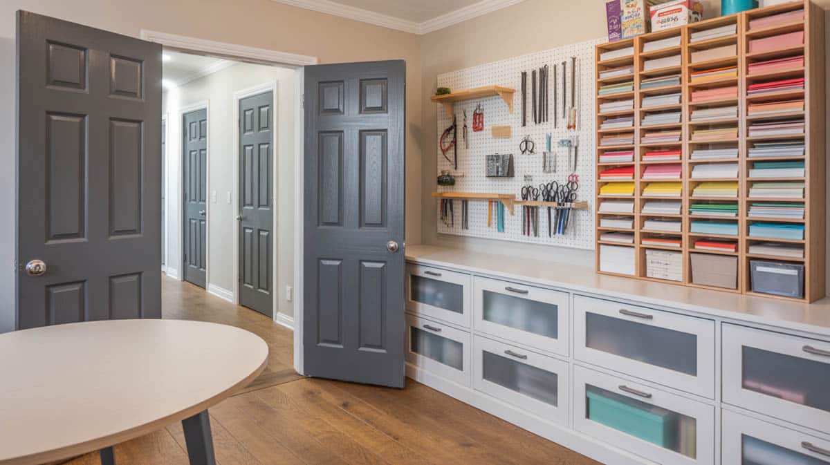 Scrap room with frosted glass cabinet and pegboard