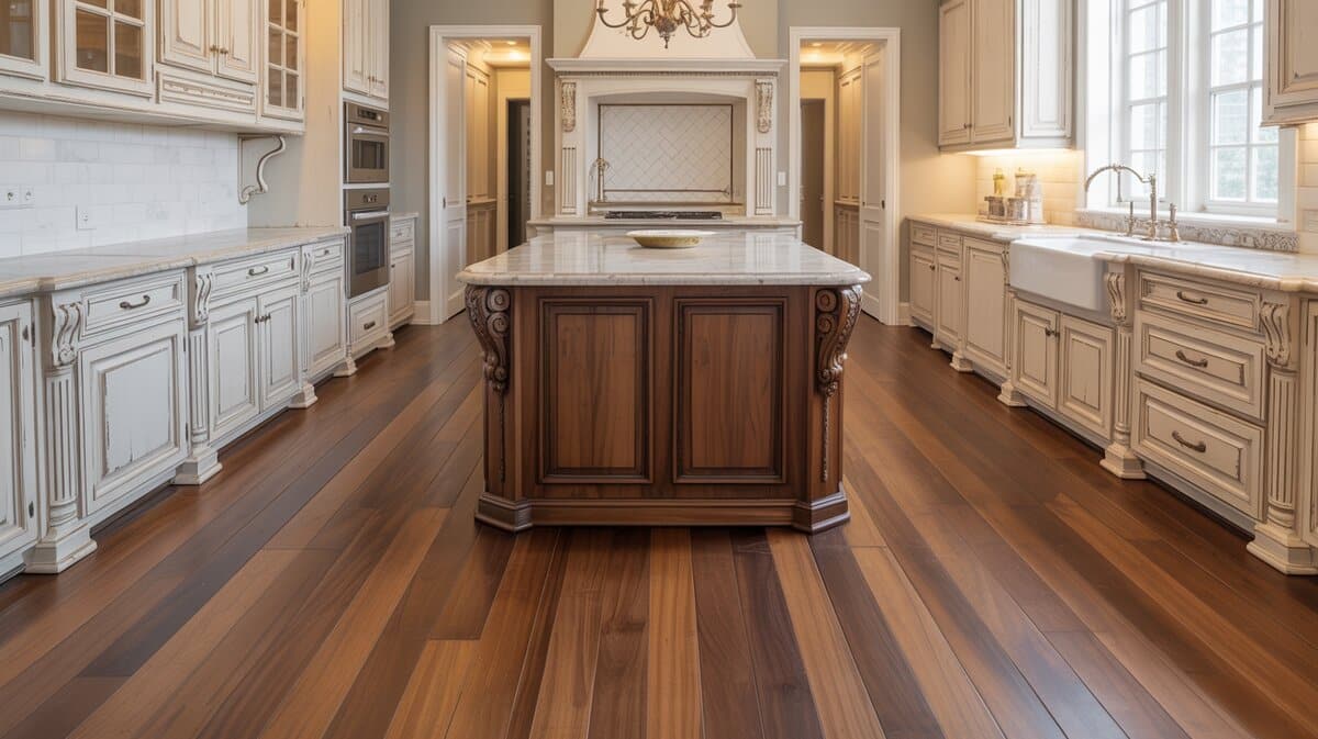 Antique white kitchen with carved walnut island and warm American walnut hardwood floors