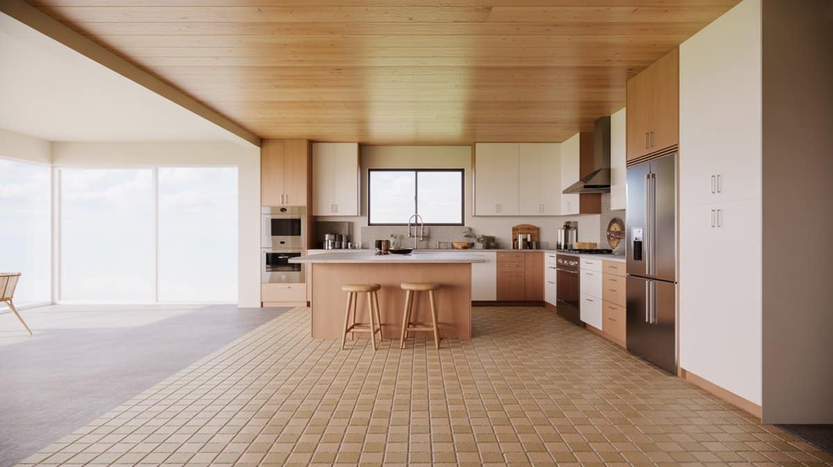 Warm beige ceramic floor tiles below a natural wood plank ceiling