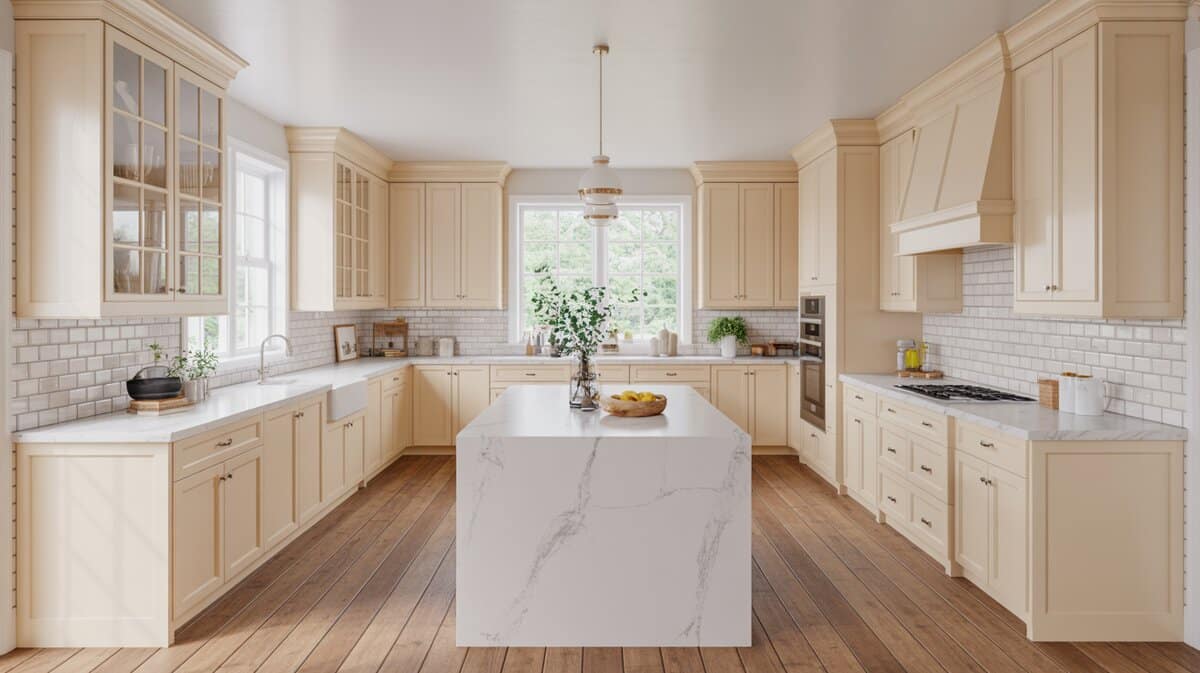 Creamy white shaker cabinets surround a white marble waterfall island