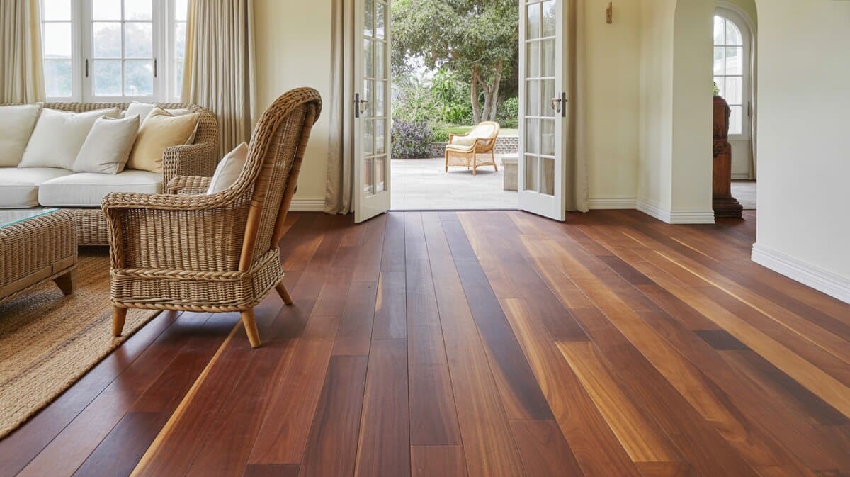 American walnut floors with purple-brown tones in sunlit living room with French doors