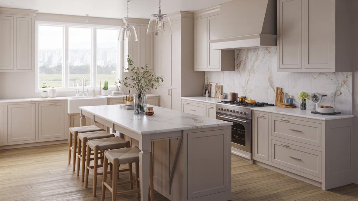 Soft gray cabinets pair with a marble backsplash and long island