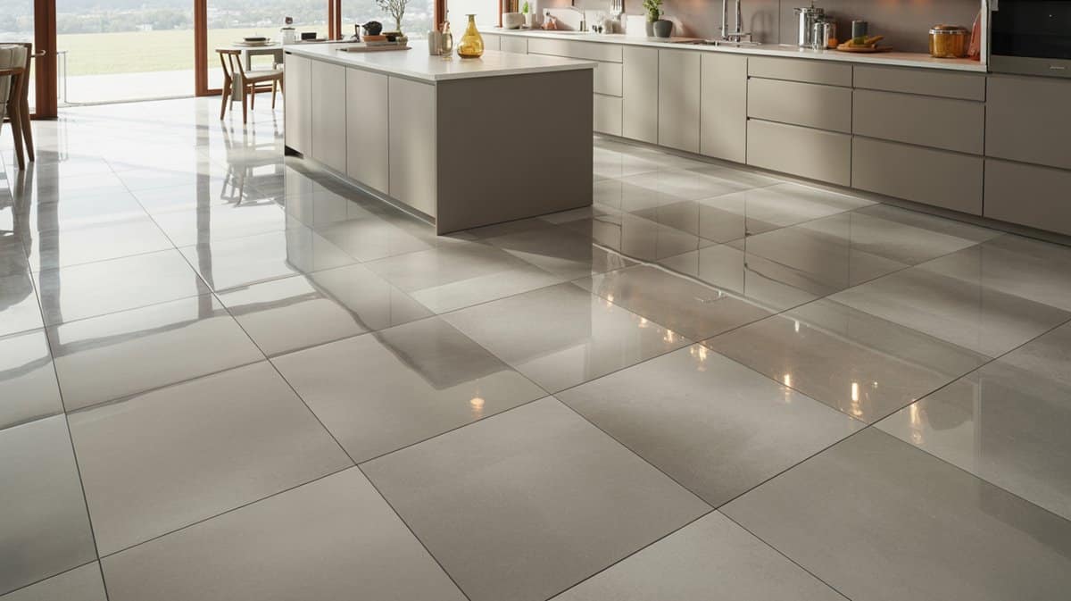 Glossy gray porcelain tiles reflecting daylight in a minimalist kitchen