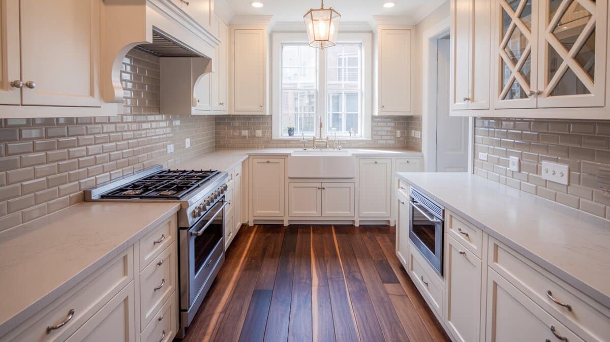 Black walnut Gunwood floors in white galley kitchen with gray subway tile backsplash
