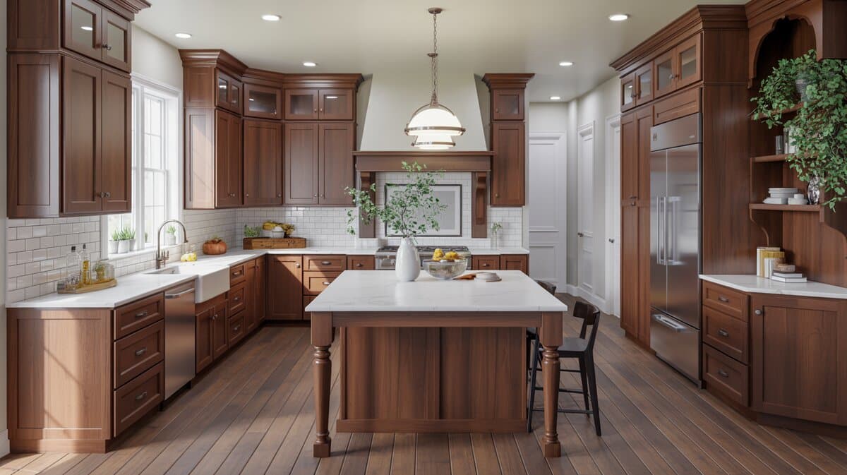 Rich dark walnut cabinets frame white countertops over warm wood flooring