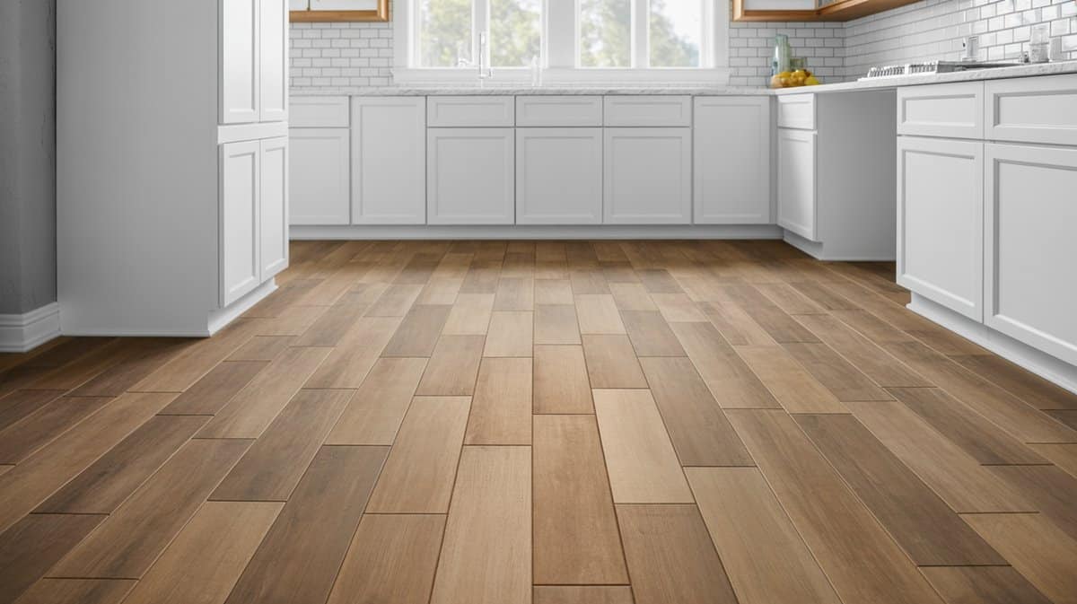 Honey oak wood look plank tile flooring with crisp white cabinets