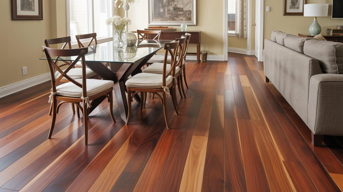 Brazilian walnut Ipe floors showing reddish-mahogany grain in open concept dining room