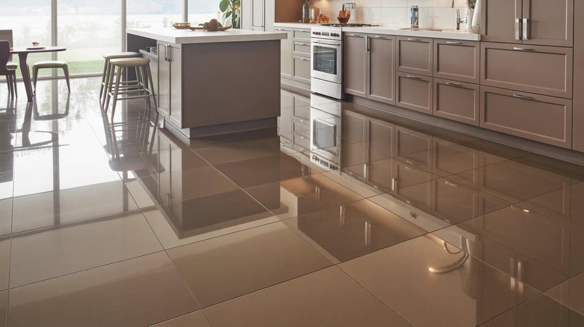 Reflective brown quartz tile floor paired with warm taupe cabinetry