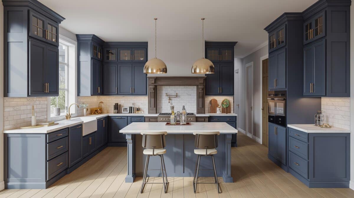 Deep navy cabinets with gold pendants and hardware around a central island