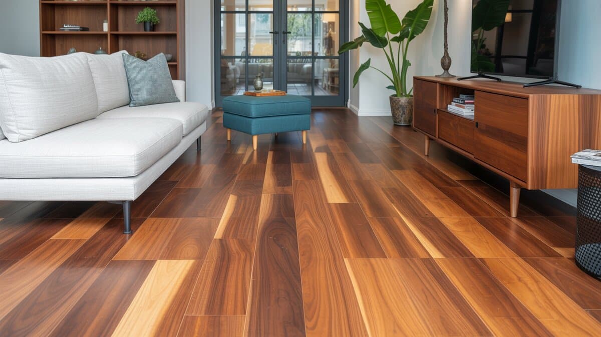Asian Acacia walnut floors with honey-amber swirling grain in contemporary living room