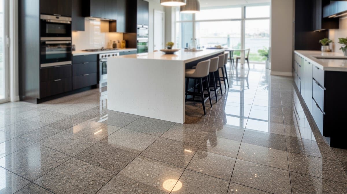Speckled gray granite tiles beside a white waterfall island