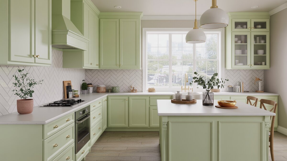 Mint green cabinets meet a white herringbone backsplash and glass uppers