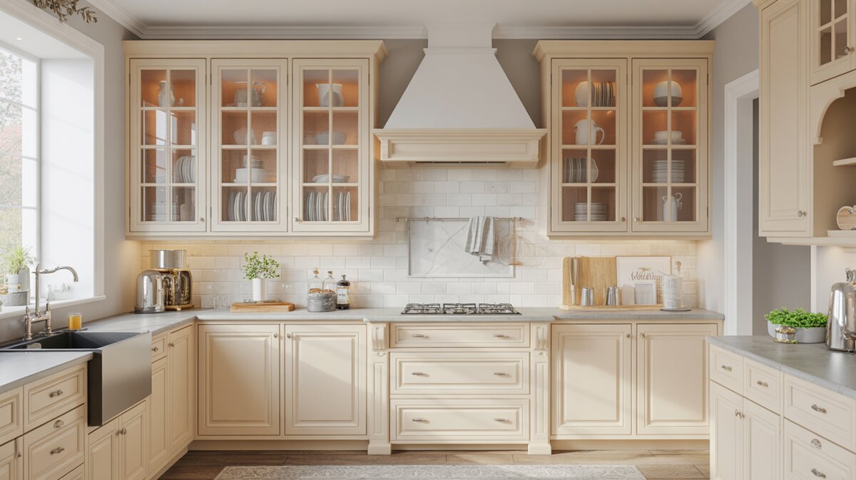 Glass front display cabinets brighten a cream kitchen with marble counters