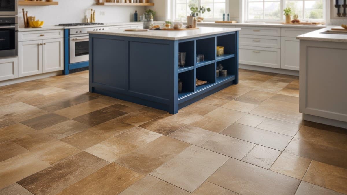 Earthy beige travertine tiles next to a navy blue island