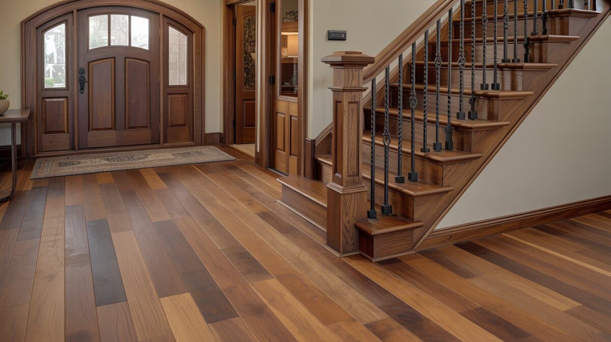 Solid American walnut plank floors in craftsman entryway with arched double front door